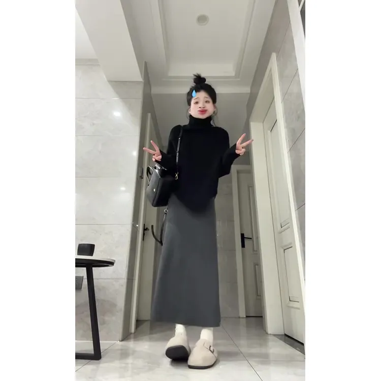 MARIE.COCO黑色高领不规则毛衣女秋季新款高腰显瘦包臀半身裙套装