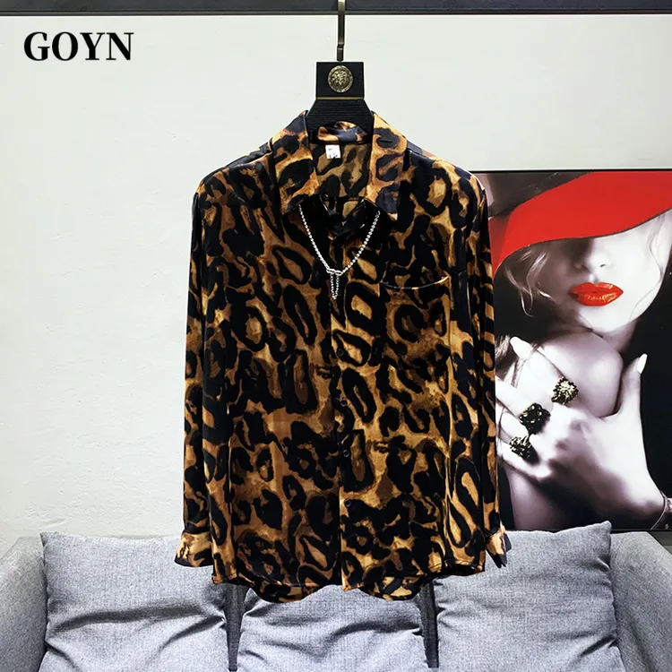 GOYN秋季潮牌爆款男士高街宽松休闲美式垂感男装时尚豹纹复古衬衫