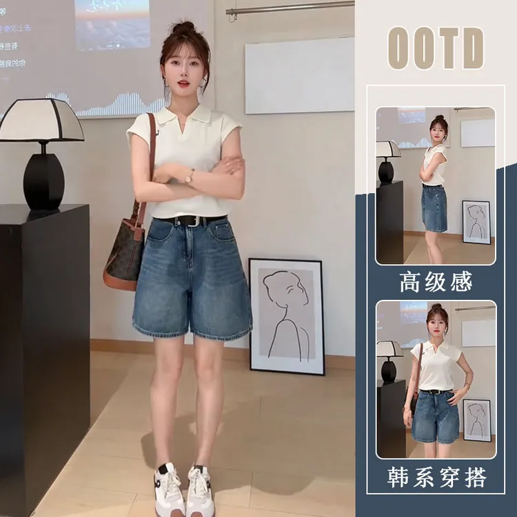 小众甜酷学院风polo衫短袖T恤女2025夏新款韩系宽松牛仔短裤套装