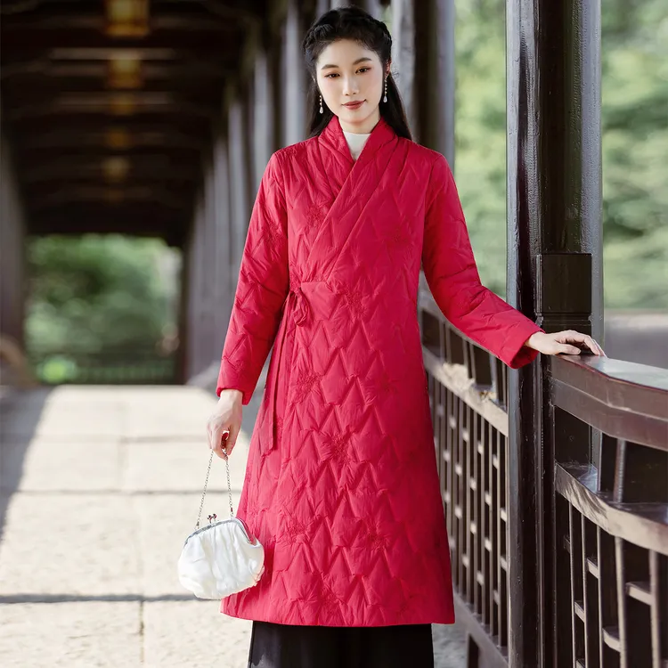 冬季汉服新中式中国风棉袄女红色喜庆订婚礼服复古中长款棉服外套