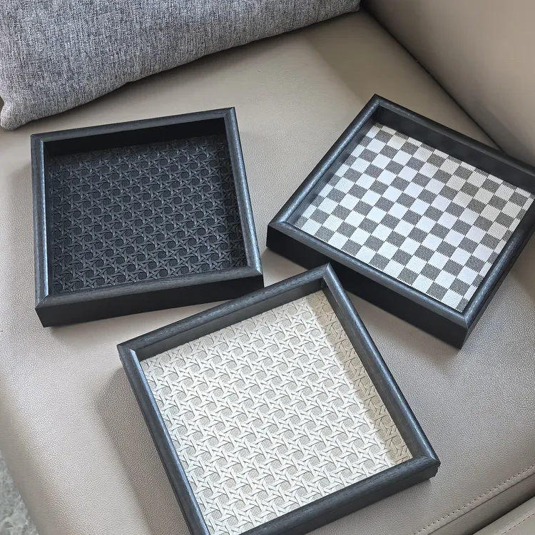 新款正方形黑框皮革托盘木质收纳托盘置物盘小物件收纳盘客厅桌面