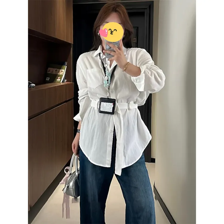 大码胖mm法式复古中袖衬衫女秋季绑带收腰遮肚显瘦设计感别致上衣
