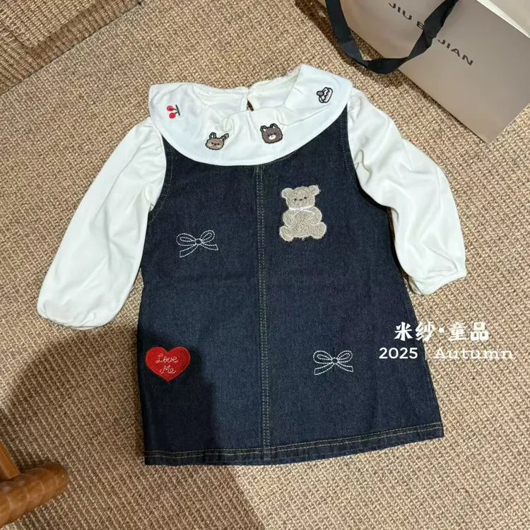 【现货】2025秋款女童牛仔无袖背心裙刺绣小熊打底衫两件套可爱套装