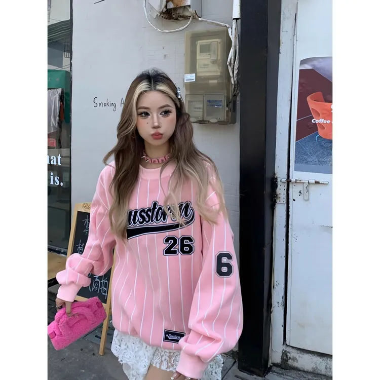 美式复古设计感圆领卫衣女宽松长袖球衣风竖纹百搭棒球服上衣情侣