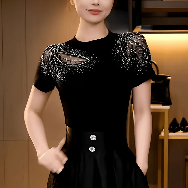 重工烫钻t恤女2025夏季时尚减龄收腰显瘦高级感镂空短袖气质上衣