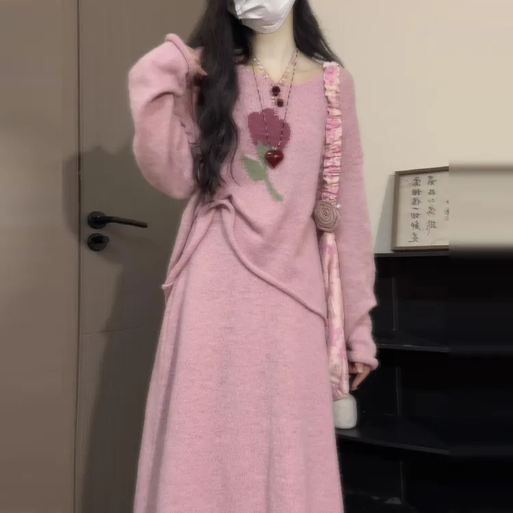 【安的花园】少女粉色郁金香上衣长袖毛衣高腰半裙早秋套装7176