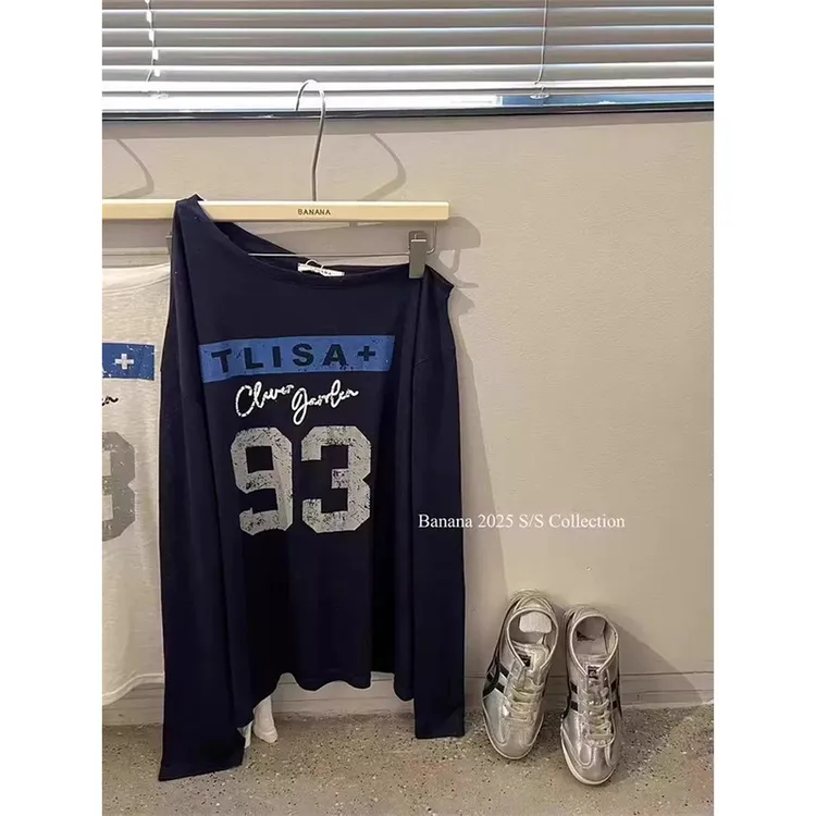 【ZHAP】新款斜肩防晒罩衫女夏季长袖t恤宽松显瘦简约高街chic斜肩