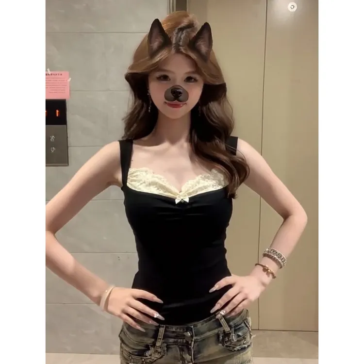 【运补6】美式一字肩无袖背心女夏季蕾丝拼接外穿修身吊带辣妹纯欲