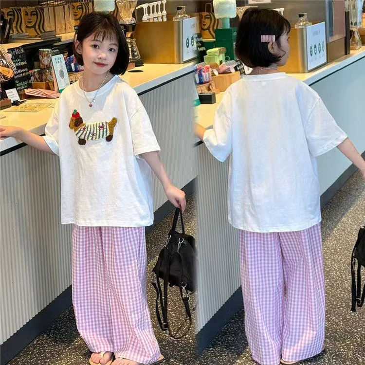 女童纯棉短袖T恤夏季韩版腊肠狗格子裤套装女孩时髦洋气休闲潮