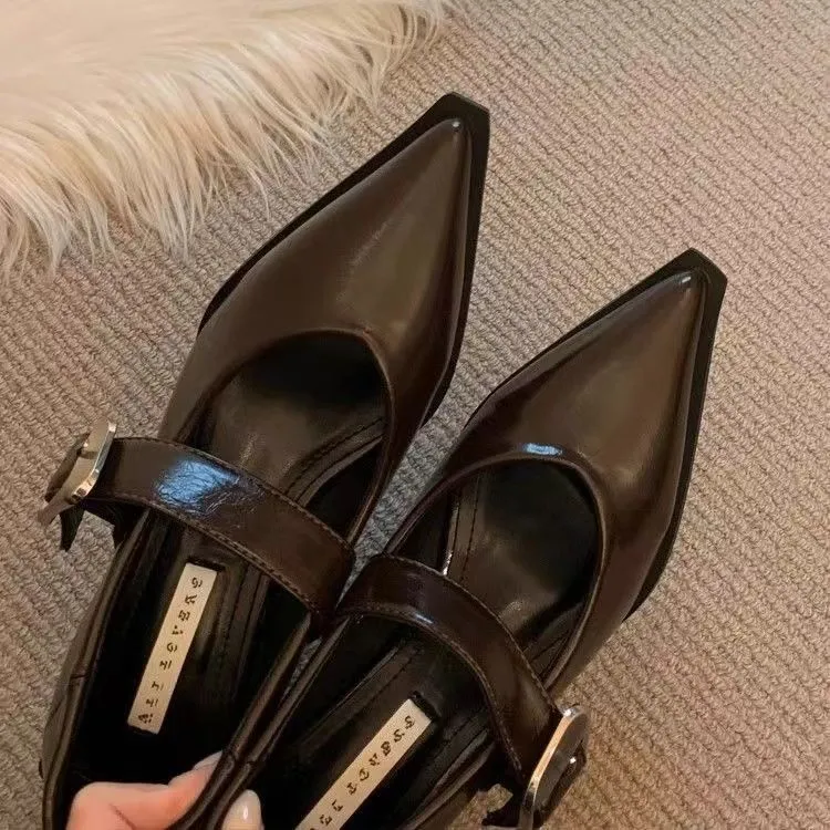 法式中高跟玛丽珍小皮鞋女鞋子2025新款春秋冬晚晚鞋黑色尖头单鞋