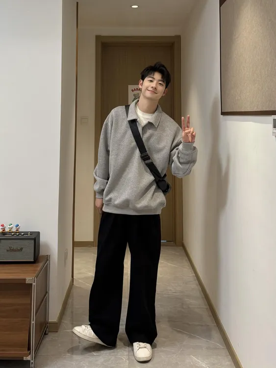 灰色翻领卫衣男秋冬新款宽松简约百搭休闲POLO衫套头长袖上衣外套