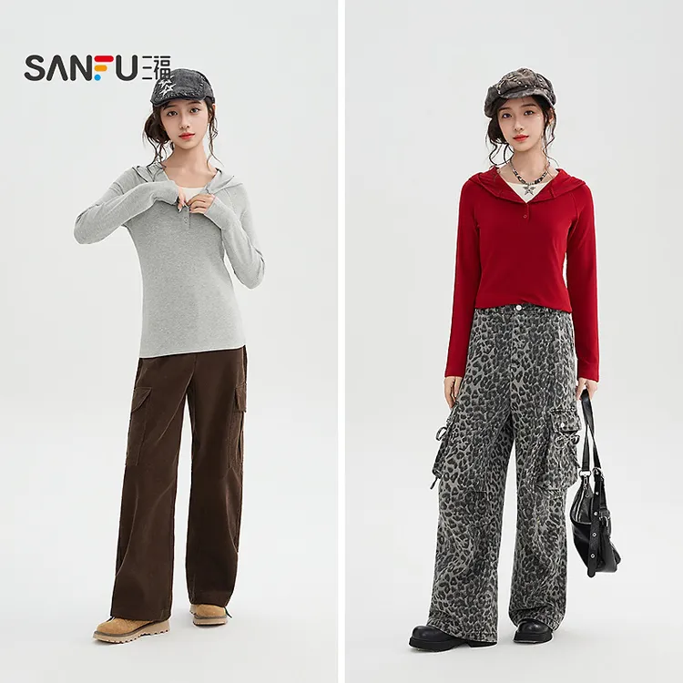 三福长T恤2025冬季街潮纽扣领磨毛假两件连帽上衣女装513674