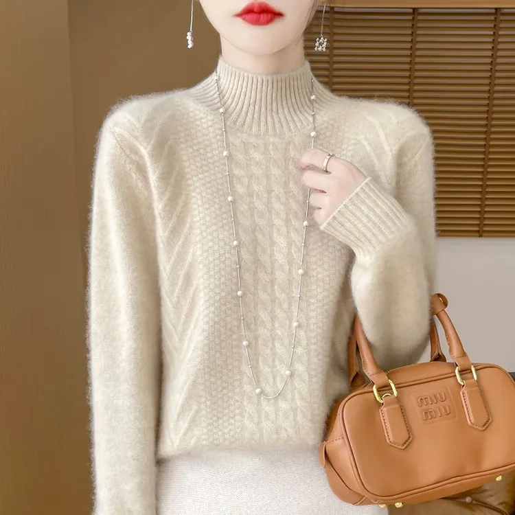鄂尔多市100羊绒女半高领重工毛衫时尚百搭纯羊毛衫女100%纯羊毛
