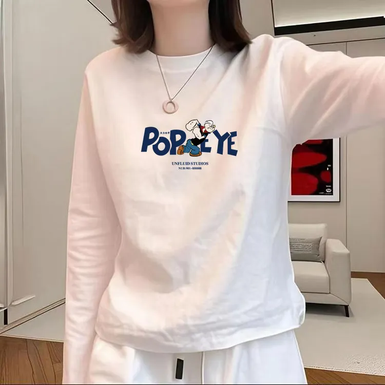2025春秋长袖T恤女韩版内搭打底衫百搭时尚宽松简约印花白色上衣