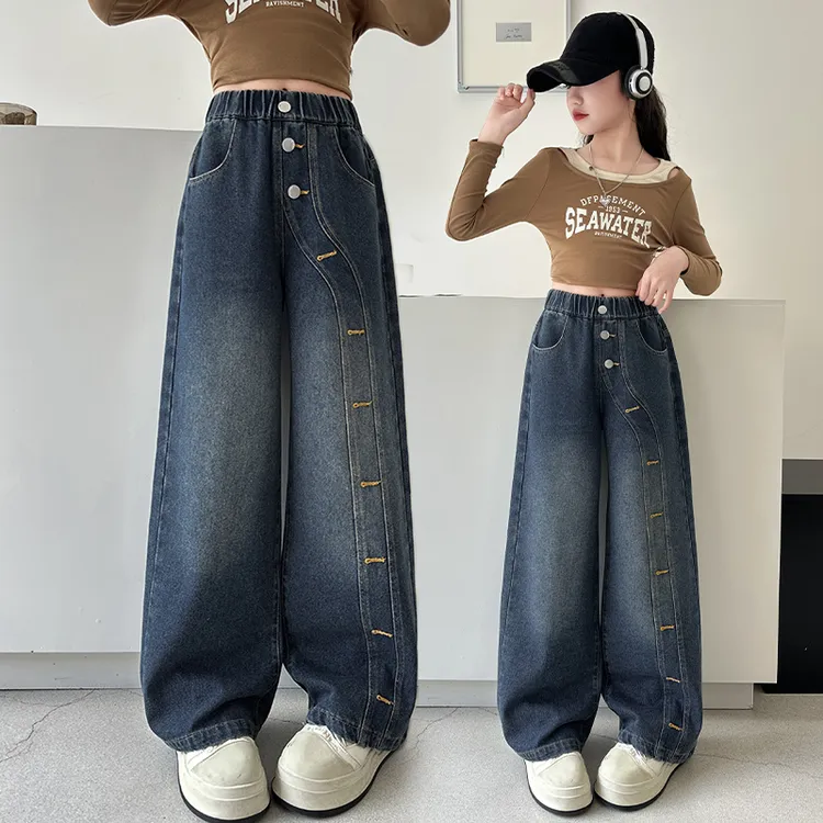 女童牛仔裤2025新款春秋装时尚阔腿裤儿童中大童学生长裤秋款裤子