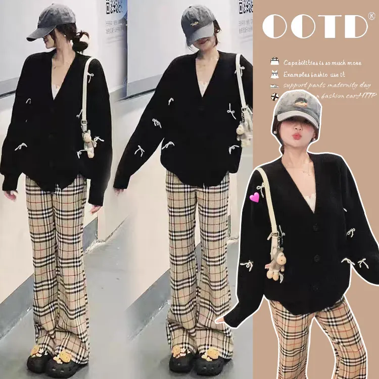 时髦孕妇装秋冬新款高级感蝴蝶结毛衣外套针织开衫格子裤显瘦套装