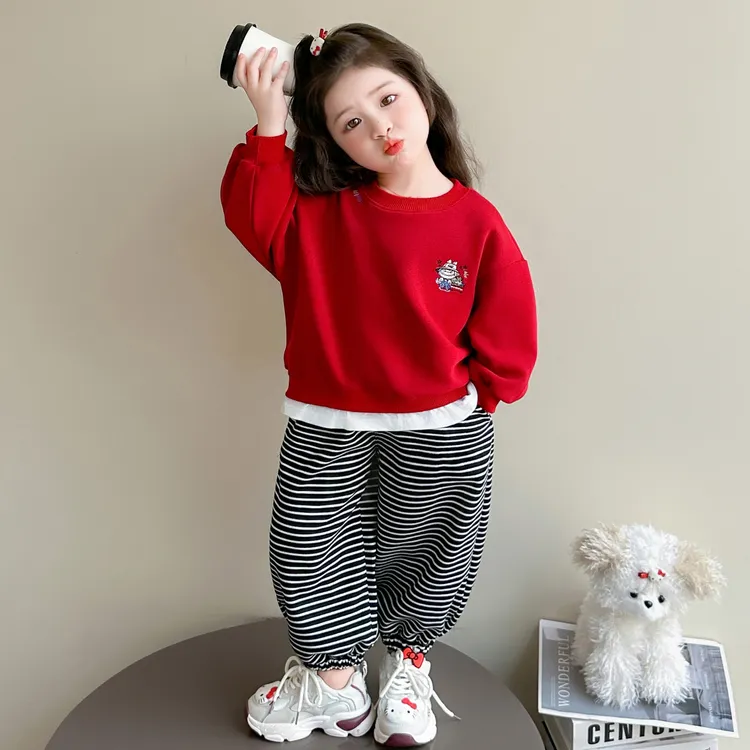 女童春秋季卫衣套装圣诞红色幼儿园女宝洋气两件套小女孩秋装新款