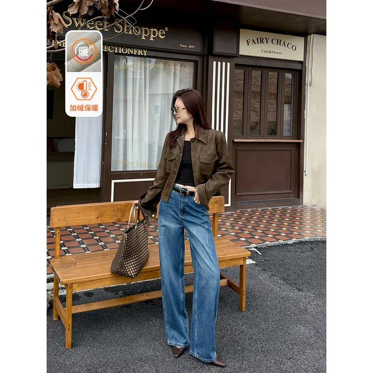 小王家秋冬加绒加厚新款牛仔阔腿裤弯刀裤通勤保暖女士新款裤子女