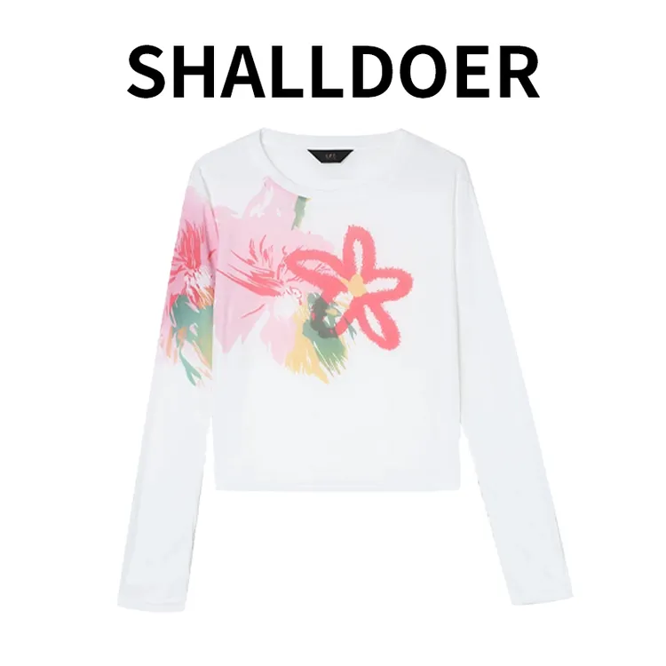 设计感花朵涂鸦印花长袖T恤女2025新款夏季薄款透气防晒罩衫上衣