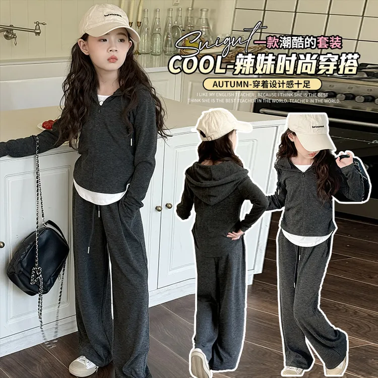 巴拉童年女童套装2025春季新款大童韩版休闲洋气连帽假两件儿童时