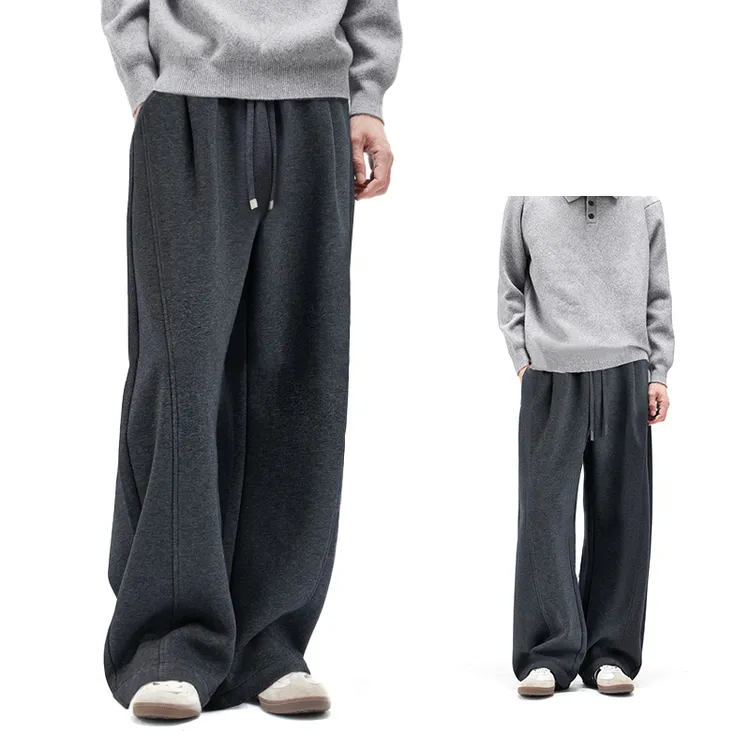 冬季加厚加绒阔腿弯刀休闲裤抽绳卫裤时尚百搭纯色宽松长裤