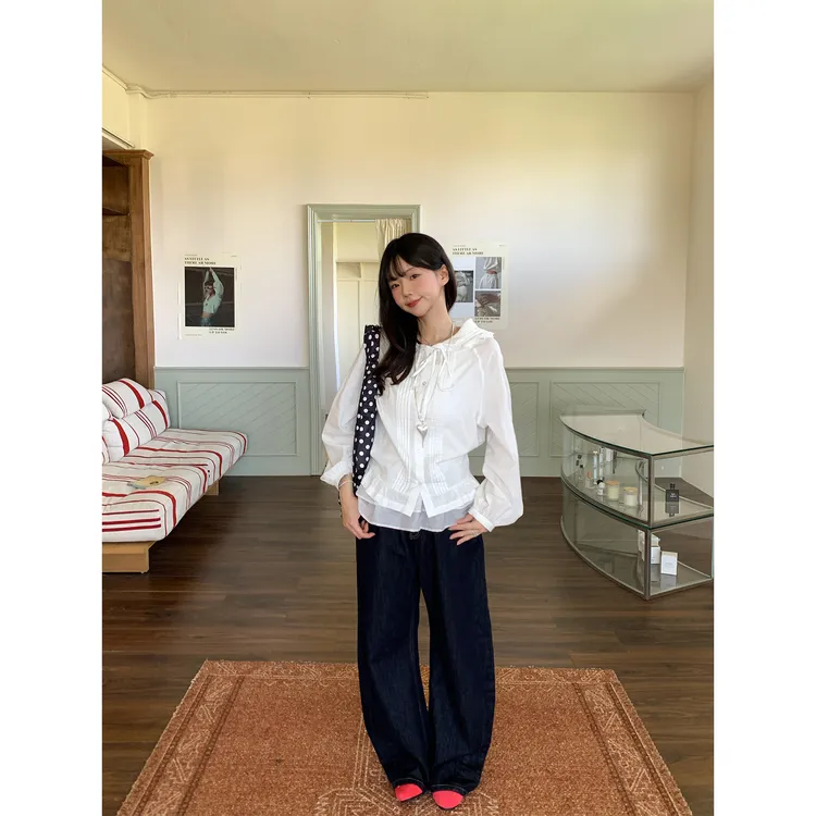 ANA韩国设计师品牌美萌小衫压褶拼接木耳边连帽纯棉衬衫韩系穿搭