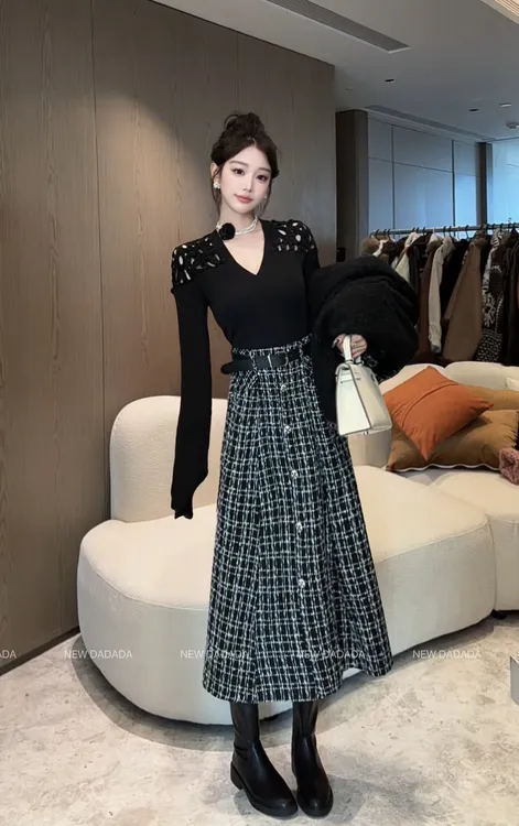 利达 NEW DADADA 小香风格纹半身裙女高腰单排扣A字中长裙YEM3594