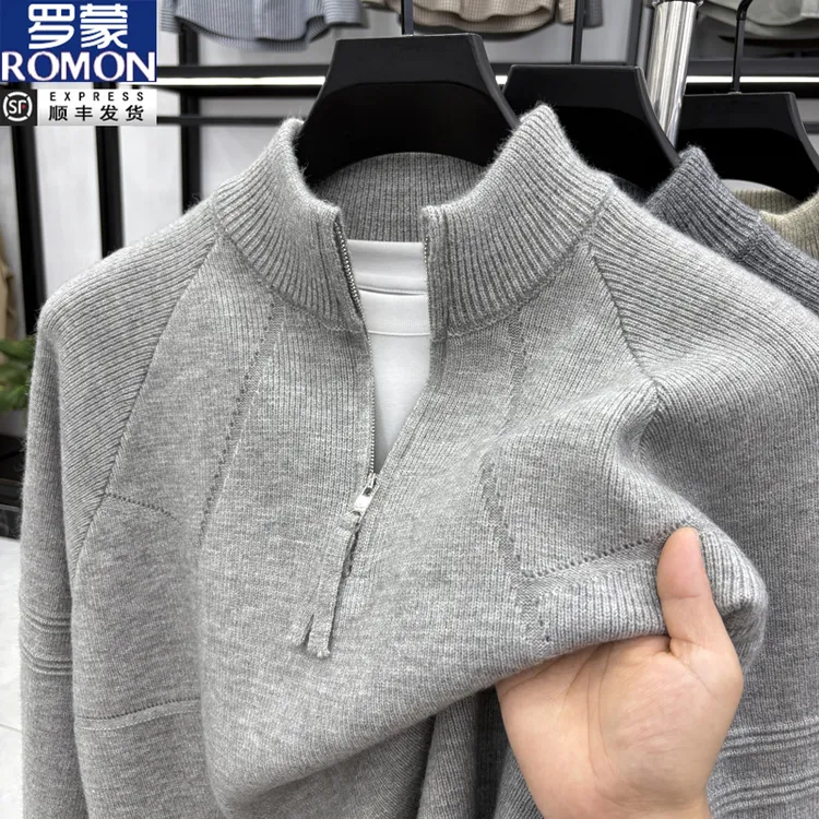 罗蒙男士秋冬季半高拉链针织毛衣复古提花针织衫纯色百搭休闲毛衣