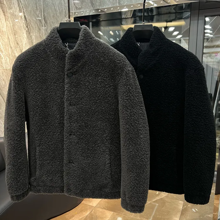25101高奢拼羊皮100%澳洲羊羔毛中山领羊毛外套