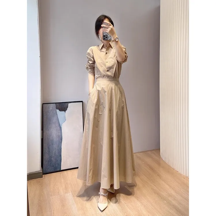 简约松弛感复古A字半身裙赫本风显瘦显高棉混纺百搭半裙秋两件套