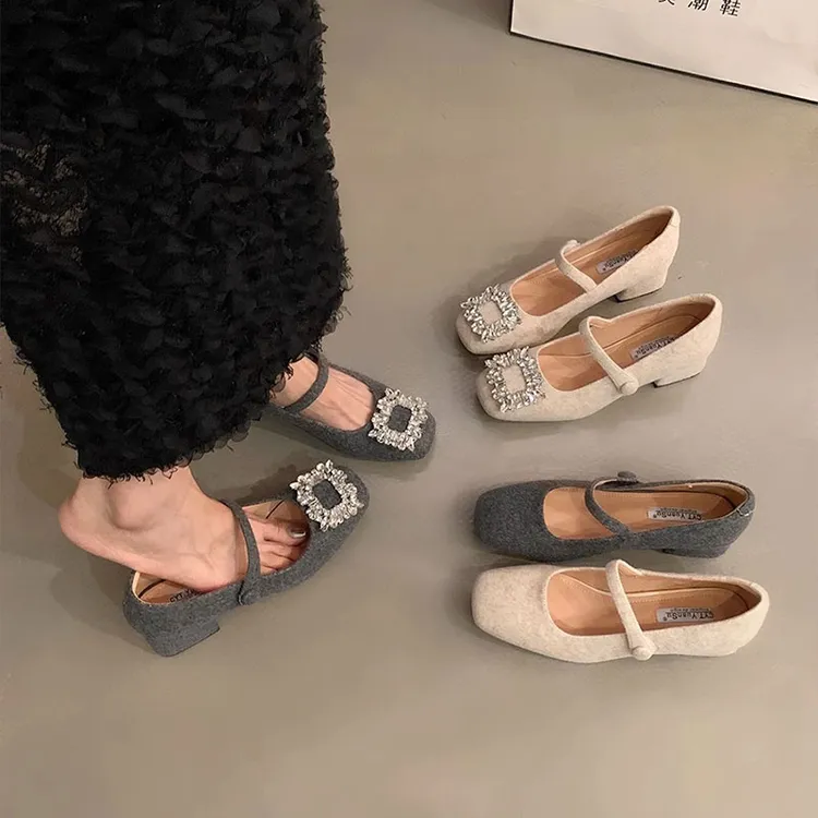 粗跟气质玛丽珍鞋法式晚晚方头水钻呢子毛毛鞋女秋冬外穿高跟单鞋