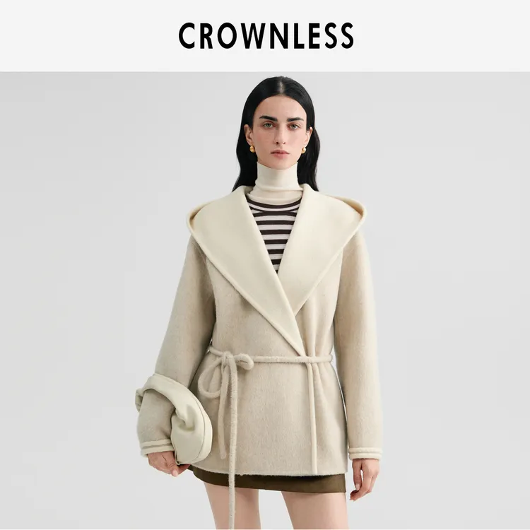 CROWNLESS未冕25秋冬新品双面撞色羊毛双面呢连帽落肩袖系带大衣