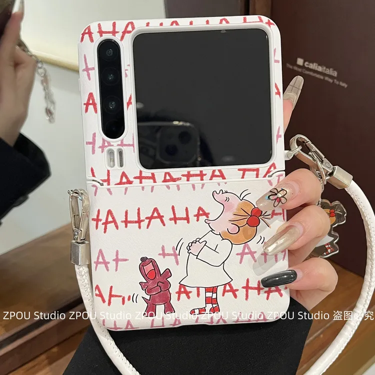 适用华为PuraX典藏折叠手机壳p50pocket2皮纹手提链翻盖coco酱女