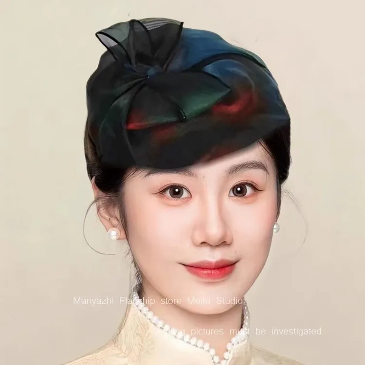 2025新款春夏时尚透气渐变网纱遮白发半帽洋气宽边发箍百搭头箍女