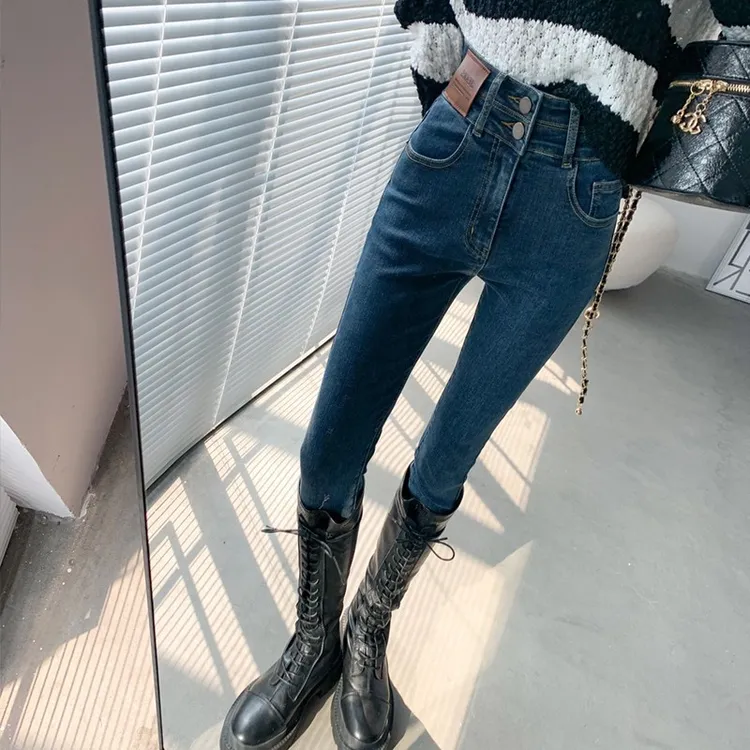 【新款春秋高腰弹力显瘦紧身小脚裤】女九分铅笔裤蓝色灰色复古潮