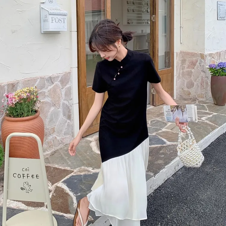 大码新中式国风黑色连衣裙女夏胖mm新款遮肉显瘦改良旗袍鱼尾长裙