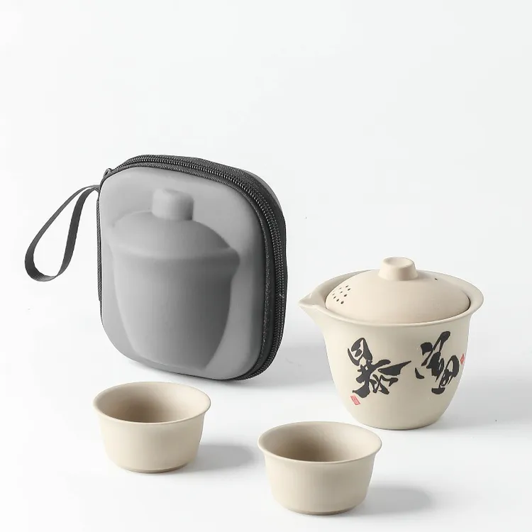 简约便携式粗陶复古功夫旅行茶具套装含泡茶壶喝茶杯适合户外露营