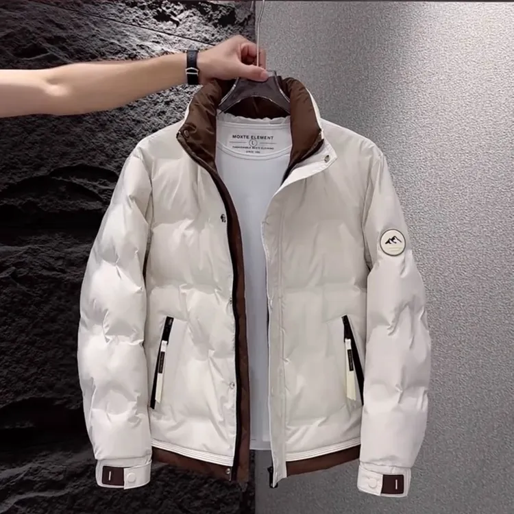 莱蒙璀 高端短款立领拼色羽绒服男士时尚韩版宽松百搭白鸭绒外套