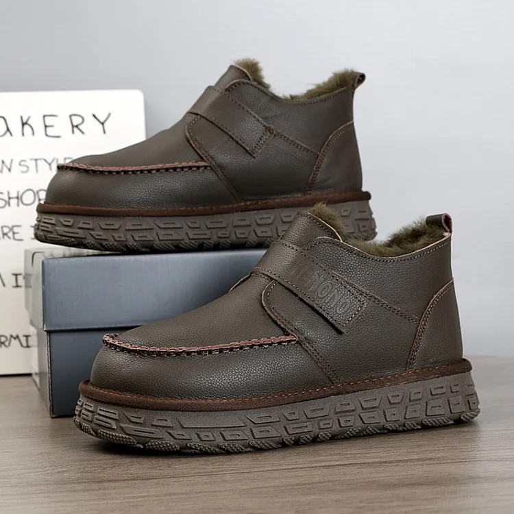 5896头层牛皮+全羊毛魔术贴雪地靴男女款冬季真皮防水防滑大棉鞋