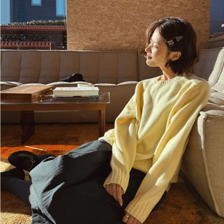 DE Mincollection鹅黄毛衣/定染纱全羊毛慵懒风拼缝廓形毛衣55781