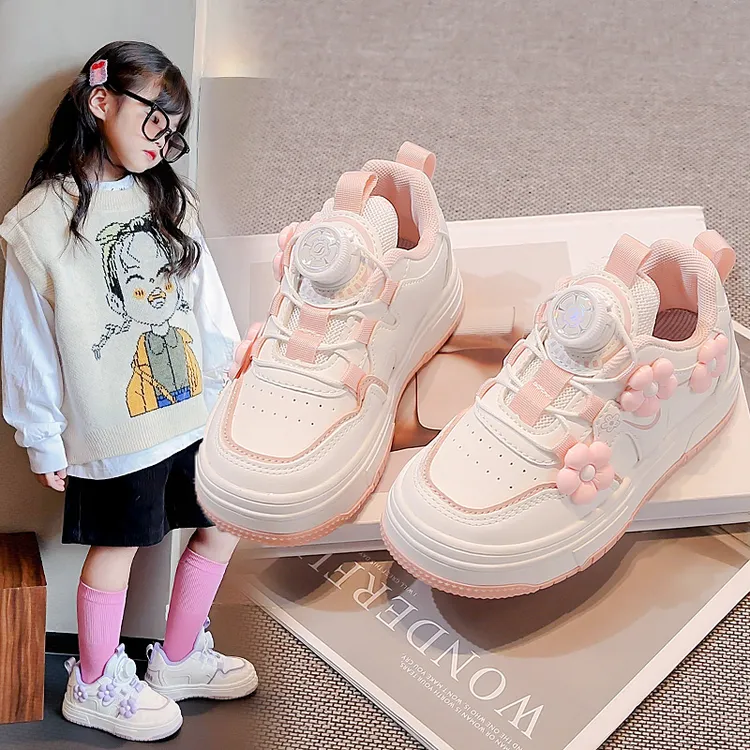 儿童运动鞋旋转扣女童鞋子花朵2025春秋爆款女孩低帮板鞋百搭洋气