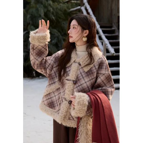 谜秀宽松型翻领格子短款女冬季短外套小个子宽松学生保暖百搭复古