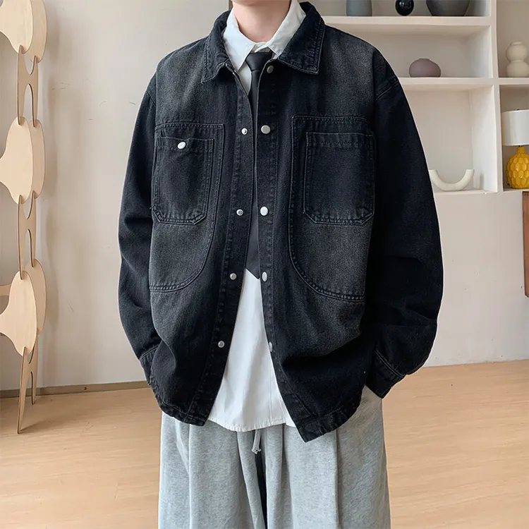 智赚大码潮牌男衬衫秋季新品复古风工装立领多口袋牛仔夹克外套