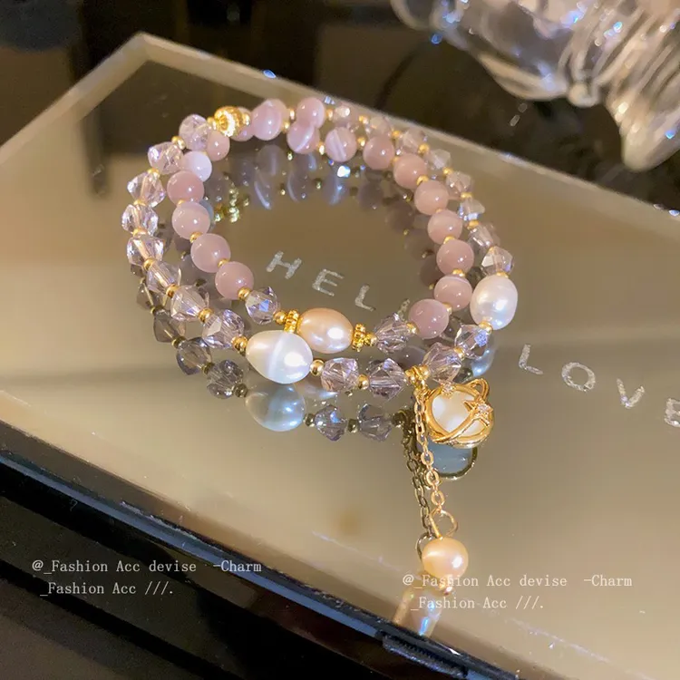 手链 猫眼石水晶珍珠双层手链甜美百搭设计感手串高级感气质