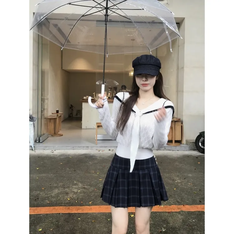 乌77学院风撞色海军领针织衫女短款显瘦小个子韩系早秋穿搭上衣新