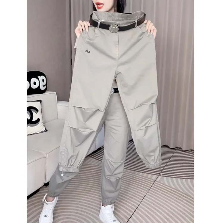 韩版极简风女时尚春夏爆款休闲裤纯色简约高腰束脚百搭通勤九分裤