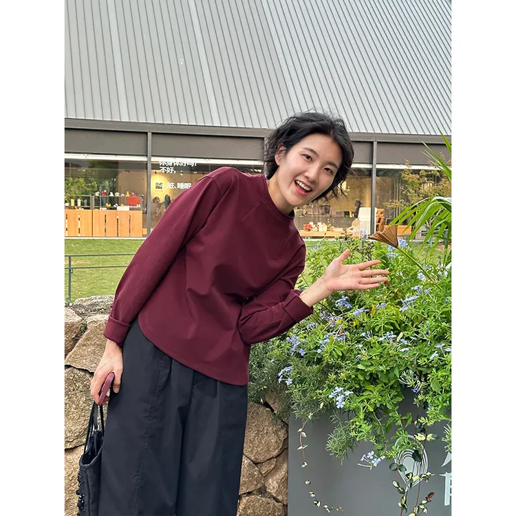 LANGQING 新中式国风酒红色宽松圆领休闲弧形下摆圆领T恤42602#