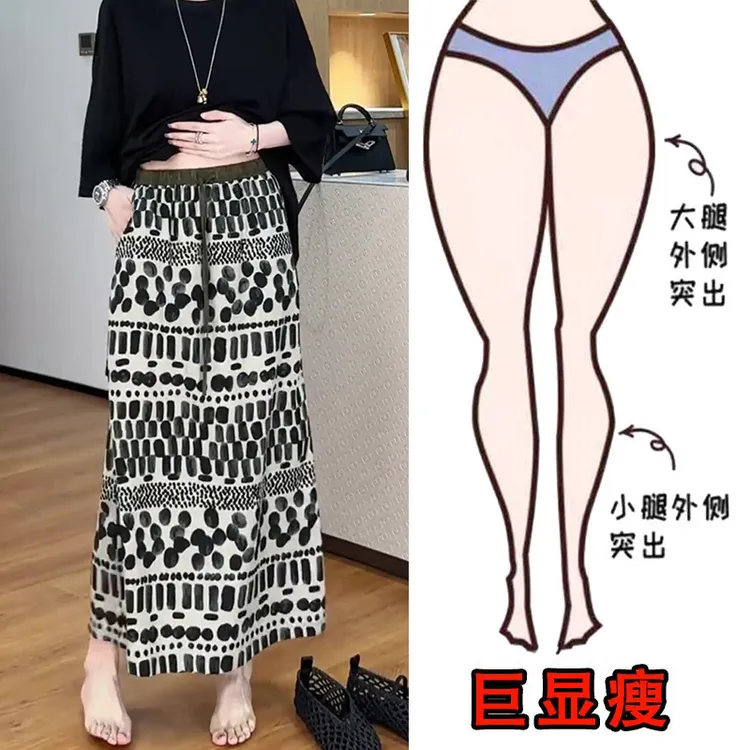 2025夏薄款大码女装复古印花开衩半身裙梨形身材显瘦中长款直筒裙