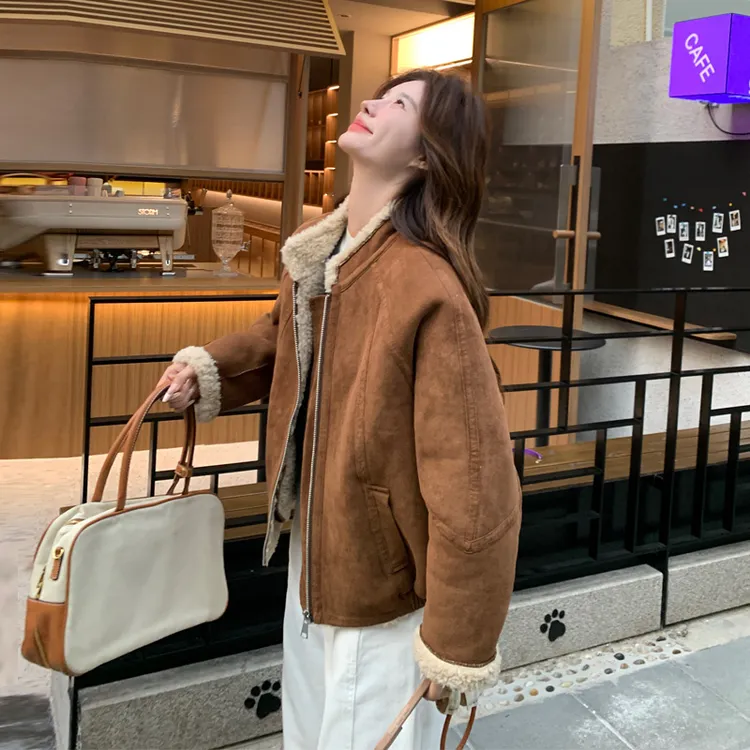 皮毛一体羊羔毛外套女2025冬季新款复古美拉德咖色韩系甜酷风棉服