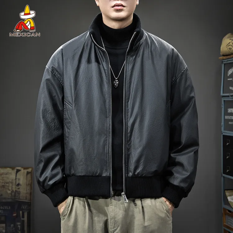 Mexican/稻草人冬季立领羽绒服男款美式高级感加厚保暖PU皮外套潮